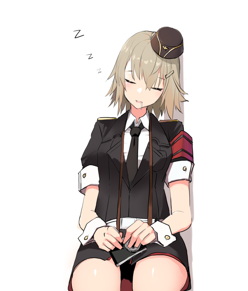 1girl, absurdres, armband, bangs, black_headwear, camera, closed_eyes, drooling