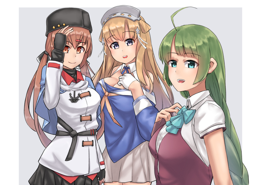 3girls, absurdres, ahoge, anchor_necklace, black_bow, black_gloves, black_headwear, black_skirt