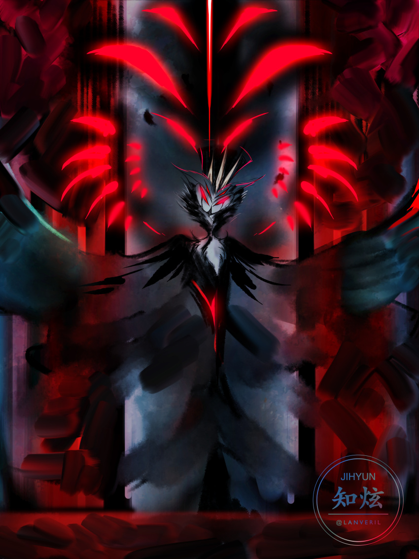 1boy, absurdres, beak, bird, blue_fur, eldritch_abomination, extra_eyes, extra_teeth