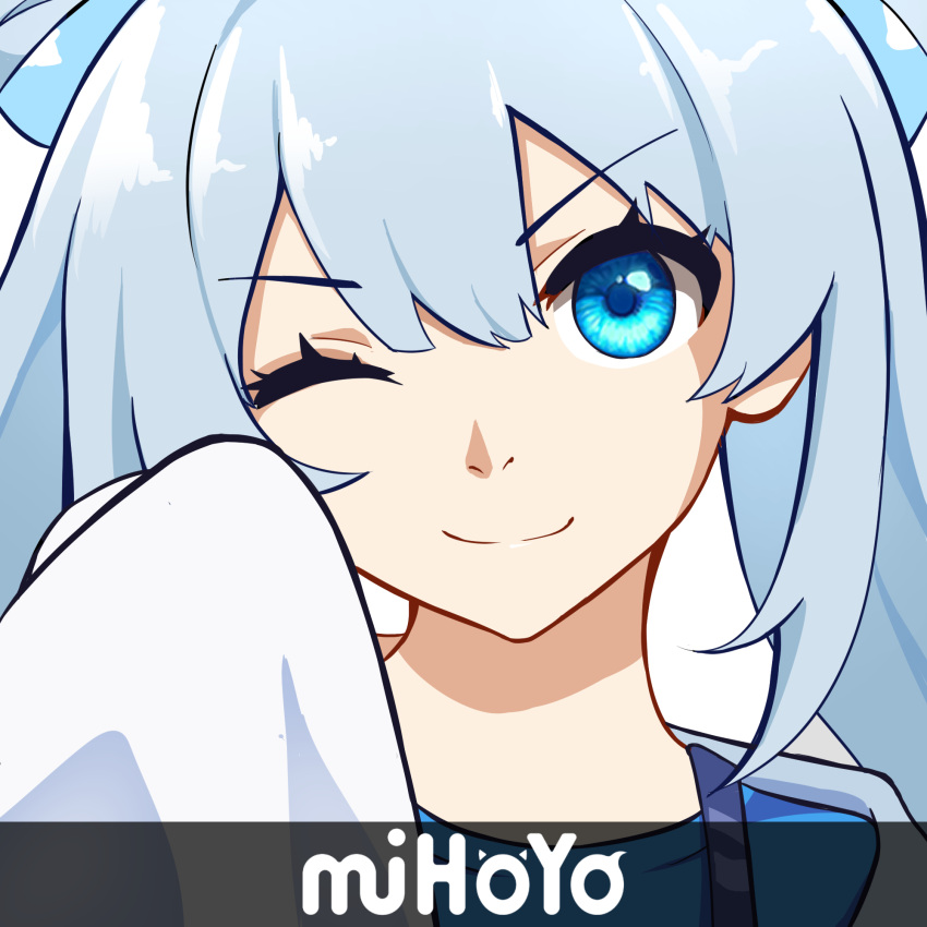 1girl, bang_(gesture), bangs, blue_eyes, blue_hair, closed_mouth, company_name, finger_gun