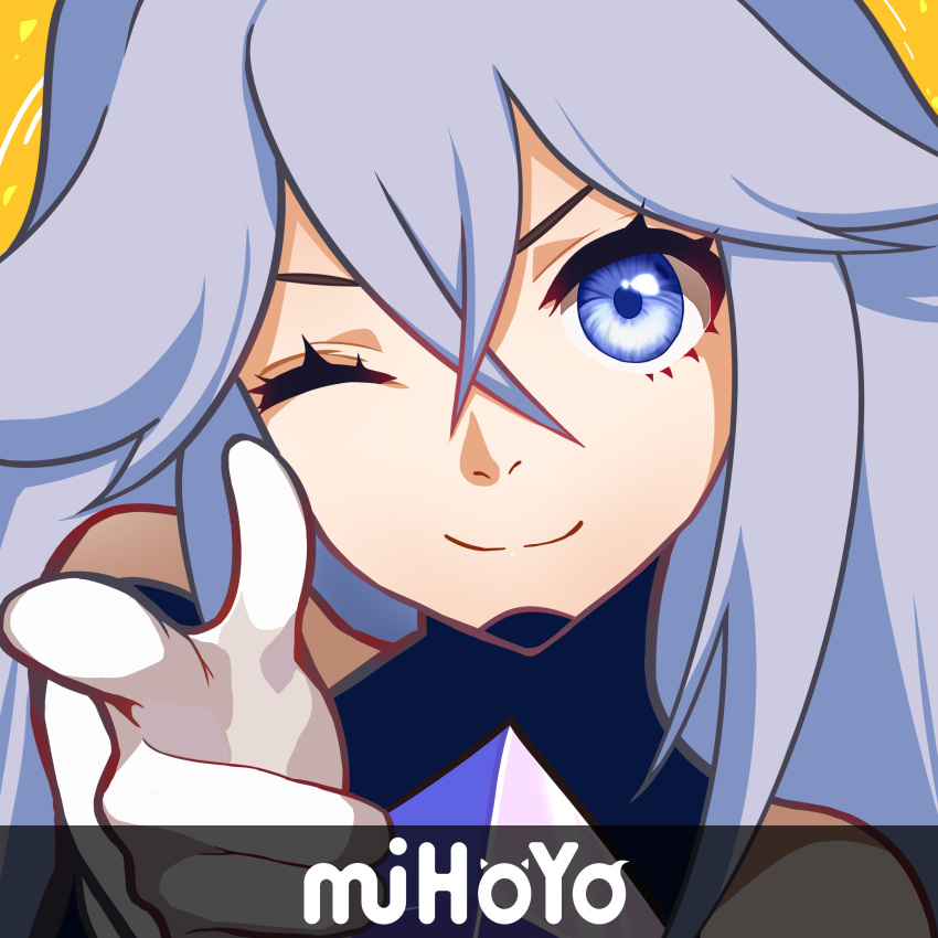 1girl, absurdres, bang_(gesture), bangs, bare_shoulders, benares_(honkai_impact), blue_eyes, blue_hair