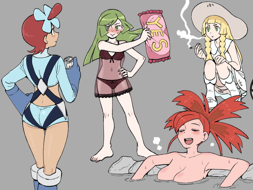 4girls, :d, ace_trainer_(pokemon), bangs, bare_arms, barefoot, bathing, blonde_hair
