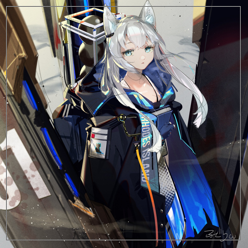 1girl, absurdres, animal_ears, arknights, backpack, bag, black_jacket, blue_eyes