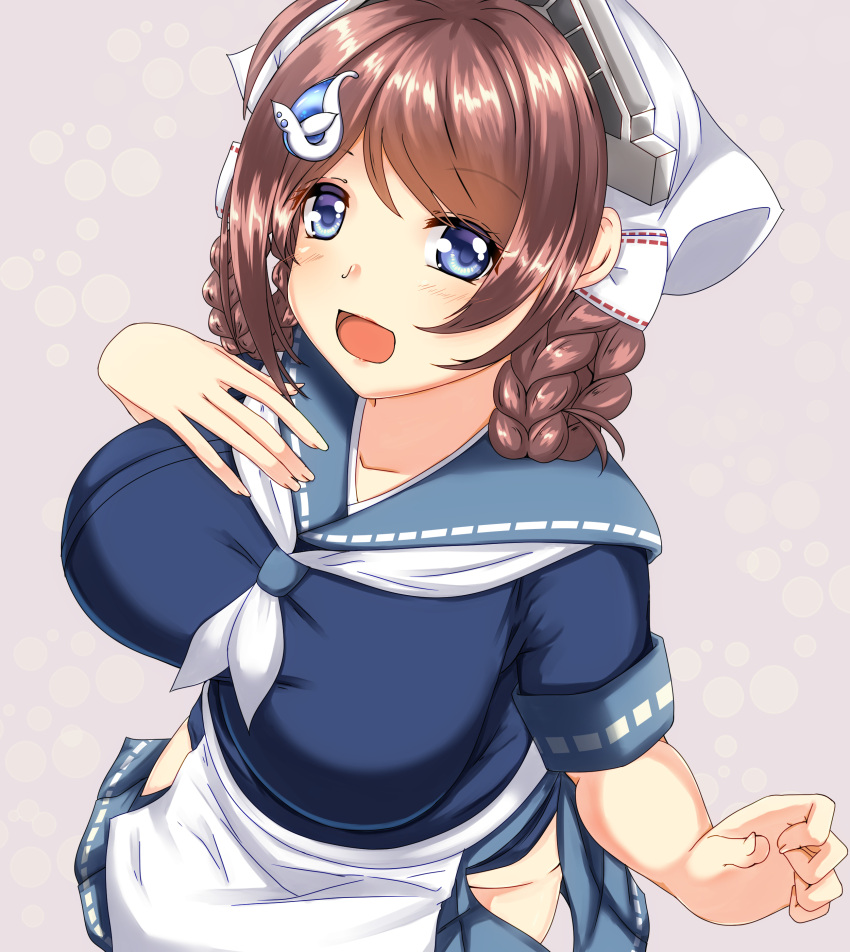 1girl, absurdres, apron, blue_serafuku, blue_skirt, braid, breasts, brown_hair