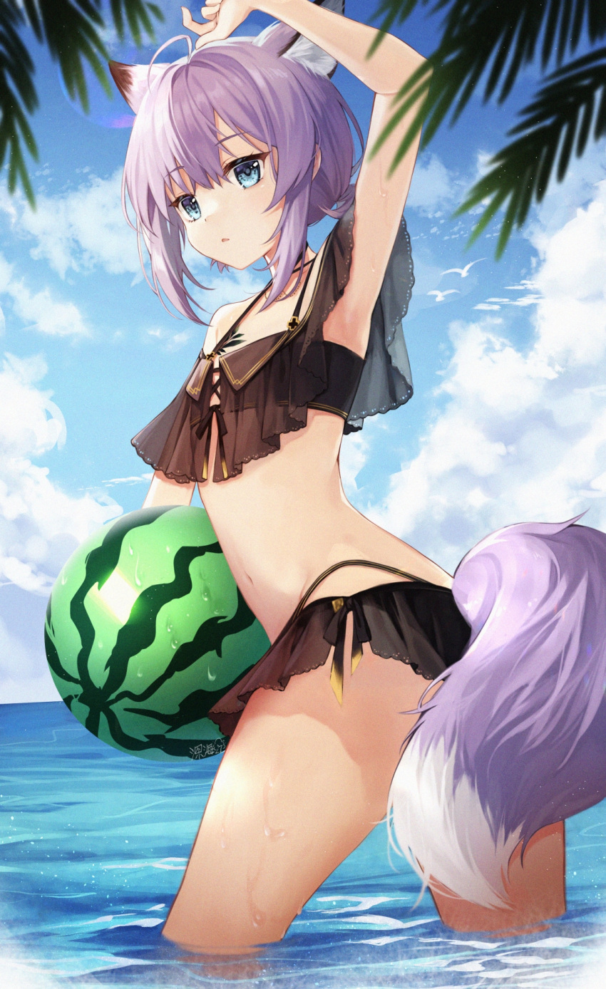 1girl, ahoge, animal_ears, arknights, ball, beachball, bikini, bird