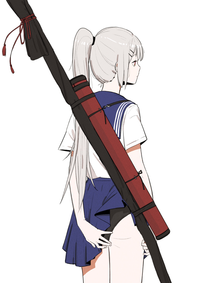 1girl, black_panties, blue_sailor_collar, blue_skirt, closed_mouth, cowboy_shot, from_behind, girls_frontline