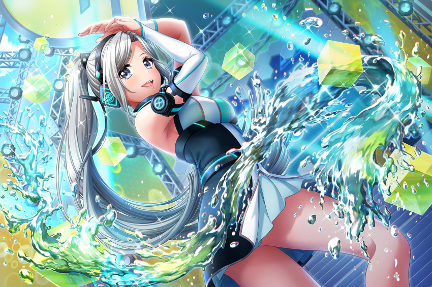1girl, blush, brown_eyes, d4dj, dress, grey_hair, long_hair, nijima_ibuki, official_art, ponytail, smile