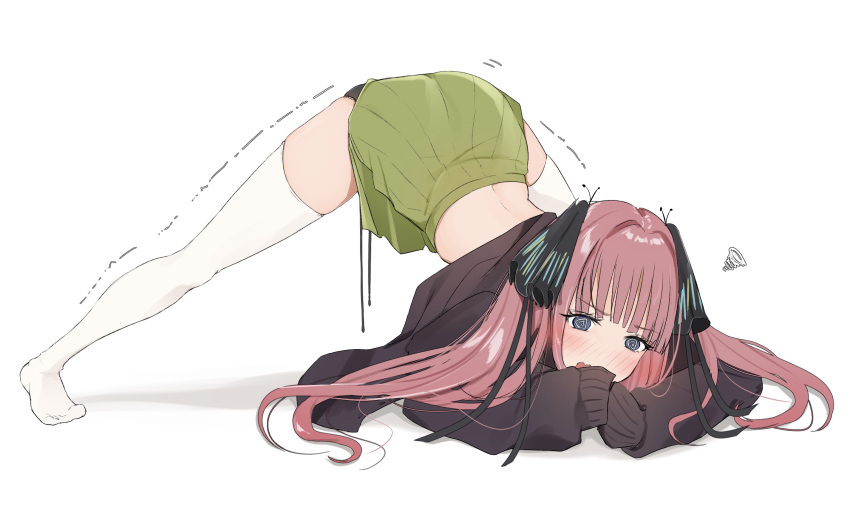 1girl, @_@, bangs, blush, bow, clothes_lift, eyes_visible_through_hair, go-toubun_no_hanayome