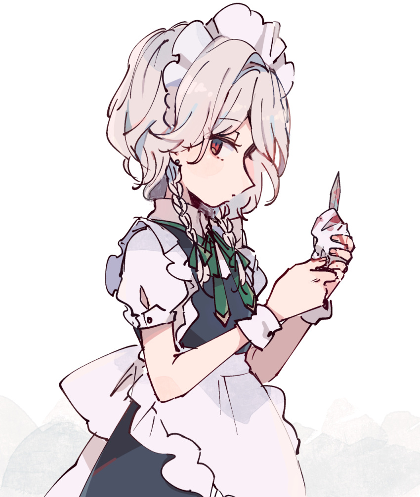 1girl, apron, back_bow, blood, blood_on_knife, blue_dress, bow, braid
