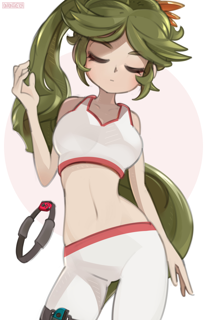 alternate_costume, bangs, breasts, closed_eyes, head_tilt, highres, joy-con, kid_icarus