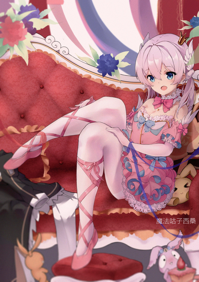 1girl, :d, absurdres, bangs, bare_shoulders, blue_eyes, blurry, blurry_foreground