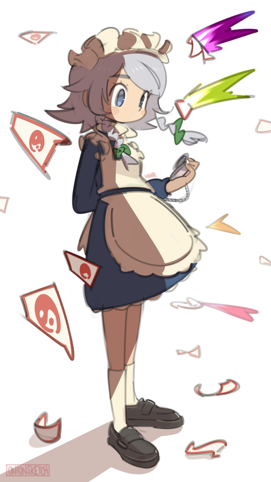 1girl, apron, bangs, black_footwear, blue_dress, blue_eyes, blush, bow