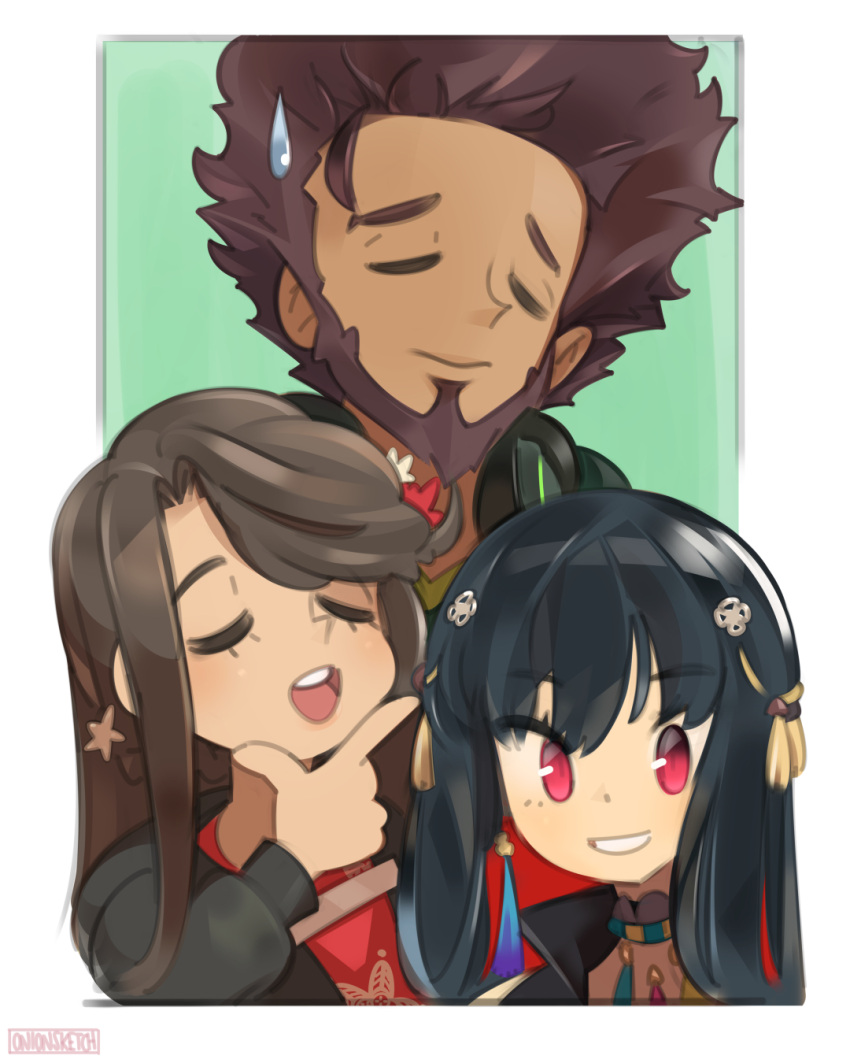 1boy, 2girls, aadya_(nijisanji), beard, black_hair, black_hoodie, closed_eyes, dark-skinned_female