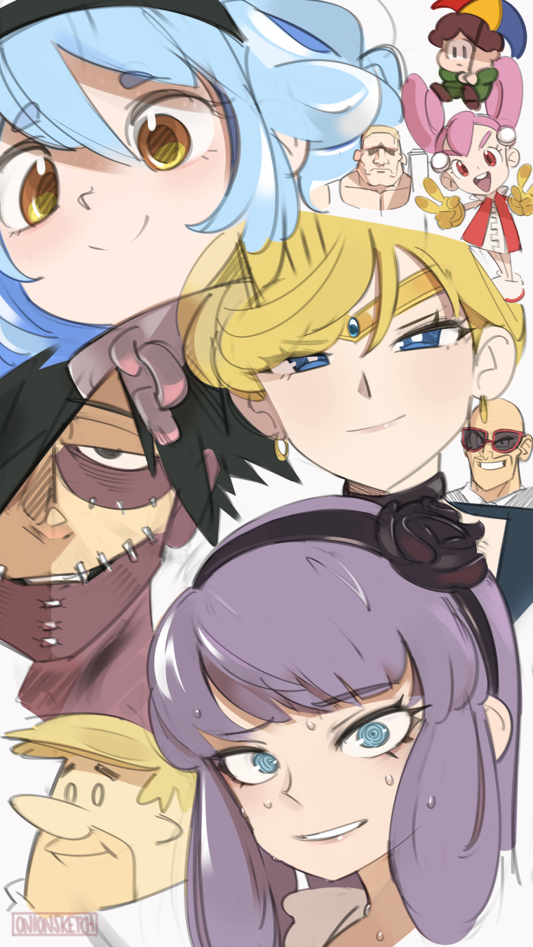 4girls, 5boys, @_@, bald, bangs, barney_rubble, bishoujo_senshi_sailor_moon, black_flower