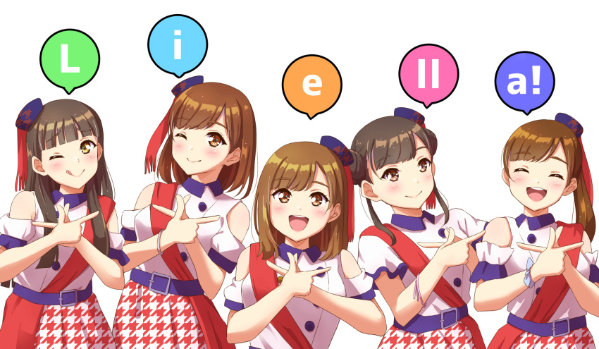 5girls, aoyama_nagisa, bangs, blush, breasts, brown_eyes, brown_hair, closed_eyes