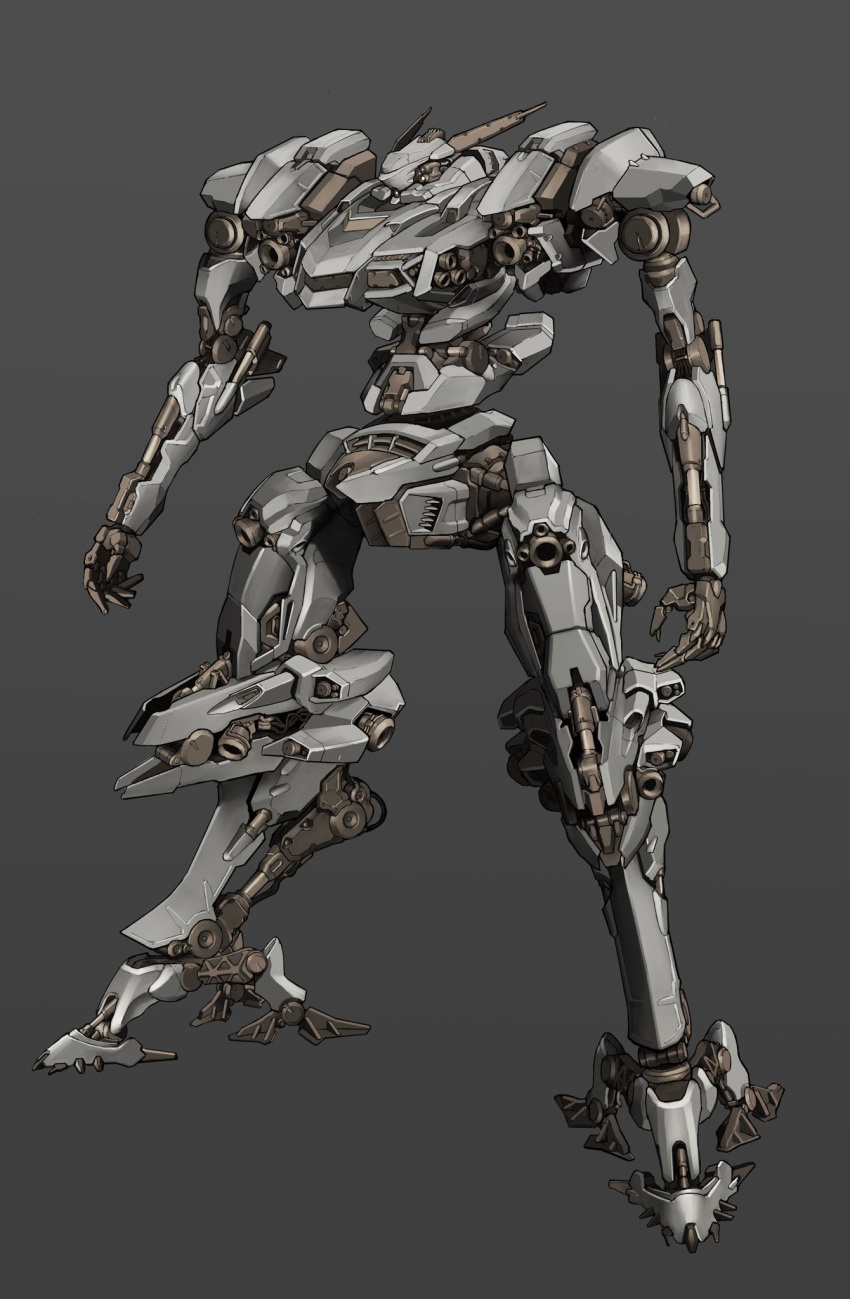 buroron, extra_eyes, grey_background, highres, looking_ahead, mecha, no_humans, open_hands, original, science_fiction, solo, standing, white_eyes