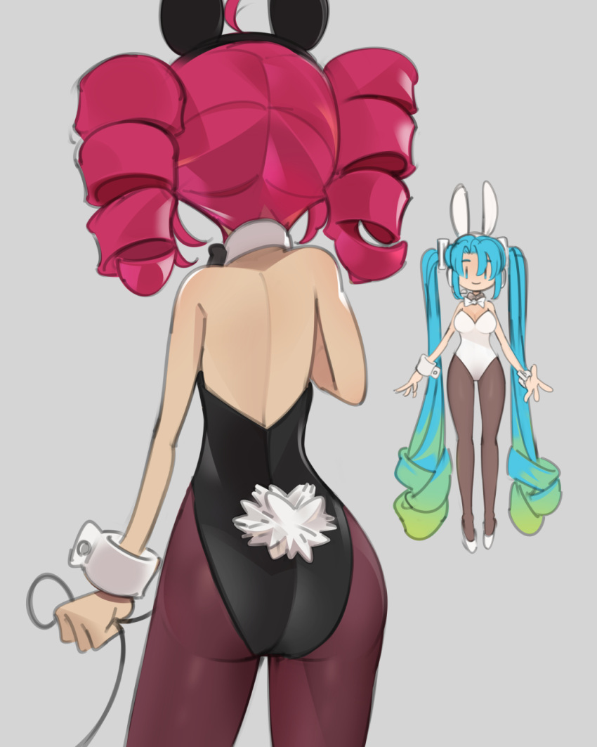 2girls, animal_ears, ass, bangs, black_leotard, breasts, clenched_hand, detached_collar
