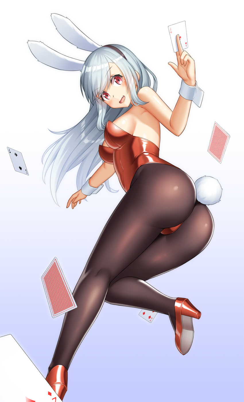 1girl, ace_of_clubs, animal_ears, ass, black_headband, black_legwear, blue_hair, card, eyebrows_visible_through_hair, fake_animal_ears, hair_between_eyes, headband, high_heels, highres, holding, holding_card, kuro_emimi, leotard, long_hair, looking_back, multicolored_hair, open_mouth, original, pants, playboy_bunny, poker, rabbit_tail, red_footwear, sidelocks, simple_background, solo, tail, two-tone_hair, two_of_diamonds, two_of_spades, white_hair, wrist_cuffs