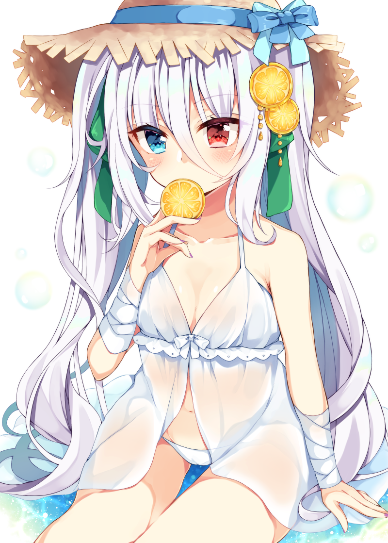 1girl, bandaged_arm, bandages, bare_shoulders, blue_bow, blue_eyes, blush, bow, breasts, brown_headwear, collarbone, commentary, covered_mouth, dress, english_commentary, food, fruit, green_bow, hair_bow, hand_up, hat, hat_bow, heterochromia, holding, holding_food, lemon, lemon_slice, long_hair, maki_soutoki, navel, original, panties, red_eyes, see-through, sitting, sleeveless, sleeveless_dress, small_breasts, solo, straw_hat, thigh_gap, two_side_up, underwear, very_long_hair, white_dress, white_hair, white_panties