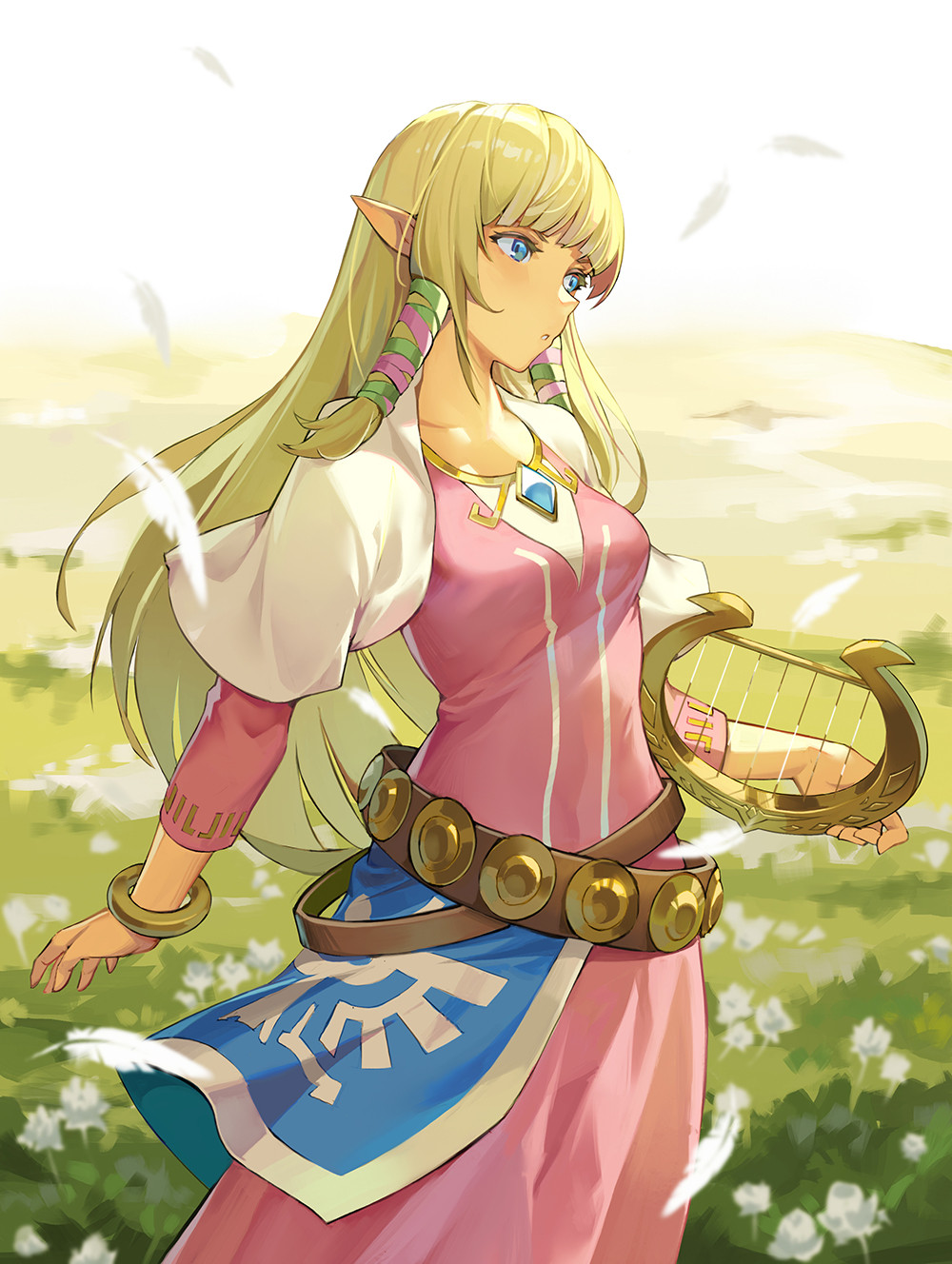 1girl, bangs, belt, blonde_hair, blue_eyes, blunt_bangs, bracelet, breasts