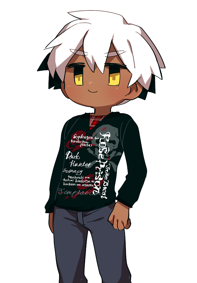 1boy, alternate_costume, black_shirt, casual, clothes_writing, cowboy_shot, dark-skinned_male, dark_hunter, dark_hunter_3, dark_skin, grey_pants, long_sleeves, no_sclera, pants, sekaiju_no_meikyuu, sekaiju_no_meikyuu_1, shirt, simple_background, smile, solo, suno_(imydream), white_background, white_hair, yellow_eyes