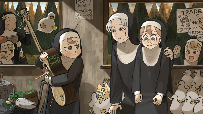 6+girls, :<, :d, against_glass, animal_tower, arm_up, basin, beret