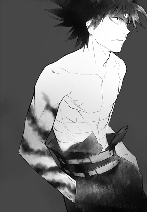 black_hair, hiei, kiosque, male, monochrome, sarashi, shirtless, solo, tattoo, yu_yu_hakusho, yuu_yuu_hakusho
