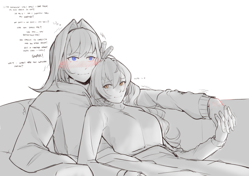 2girls, blue_eyes, blush, brown_eyes, couch, english_text, hair_ornament, highres, holding_hands, hololive, hololive_english, hood, hoodie, interlocked_fingers, jjtri, leaning_back, leaning_on_person, long_hair, long_sleeves, multiple_girls, nanashi_mumei, ouro_kronii, ponytail, sweat, sweater, trembling, turtleneck, turtleneck_sweater, virtual_youtuber, yuri