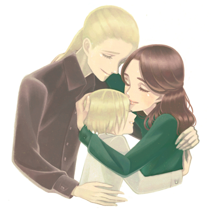 1girl, 2boys, astoria_greengrass, blonde_hair, brown_hair, closed_eyes, draco_malfoy, father_and_son