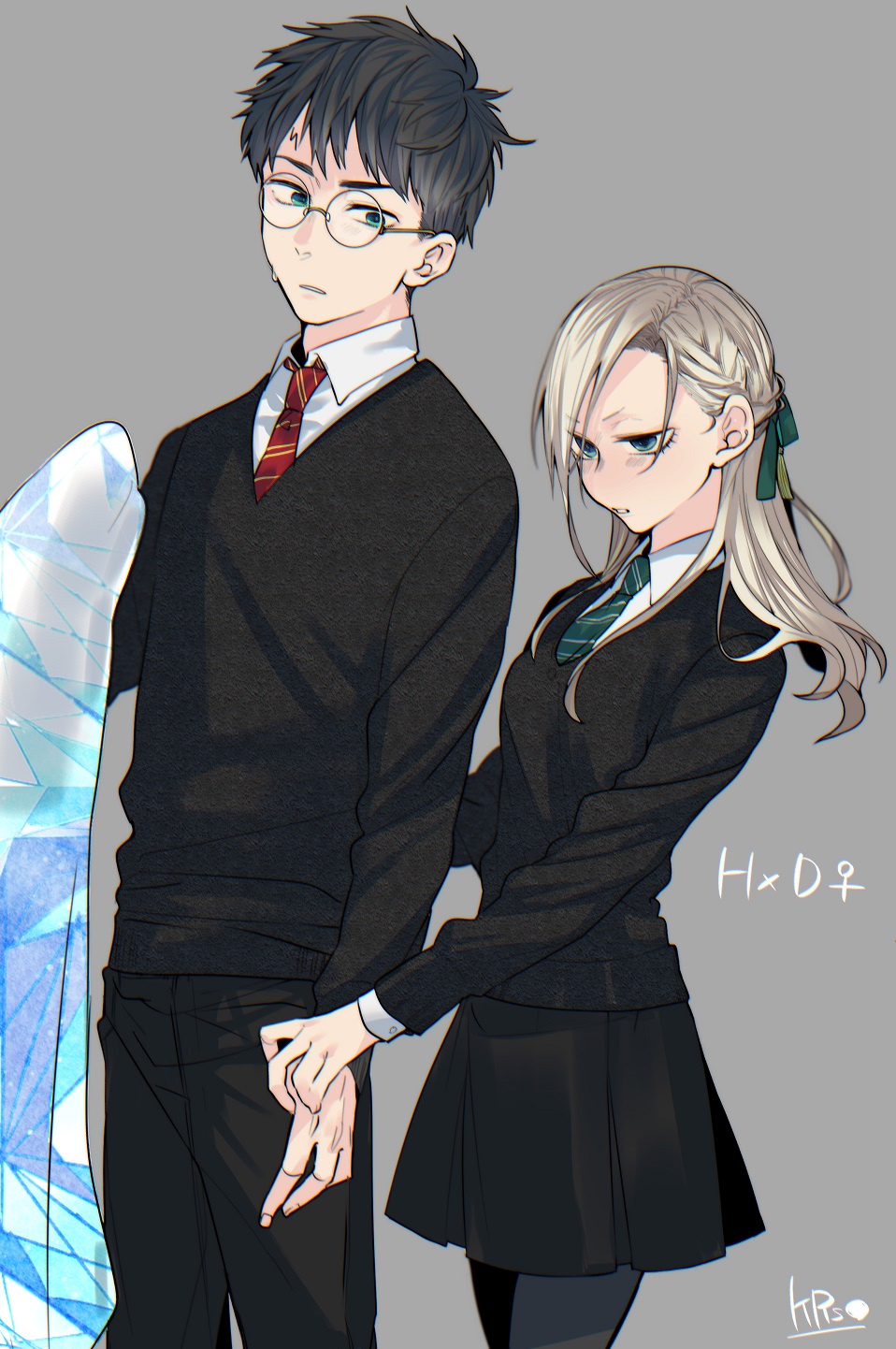 1boy, 1girl, black_hair, blonde_hair, blue_eyes, draco_malfoy, genderswap, genderswap_(mtf)