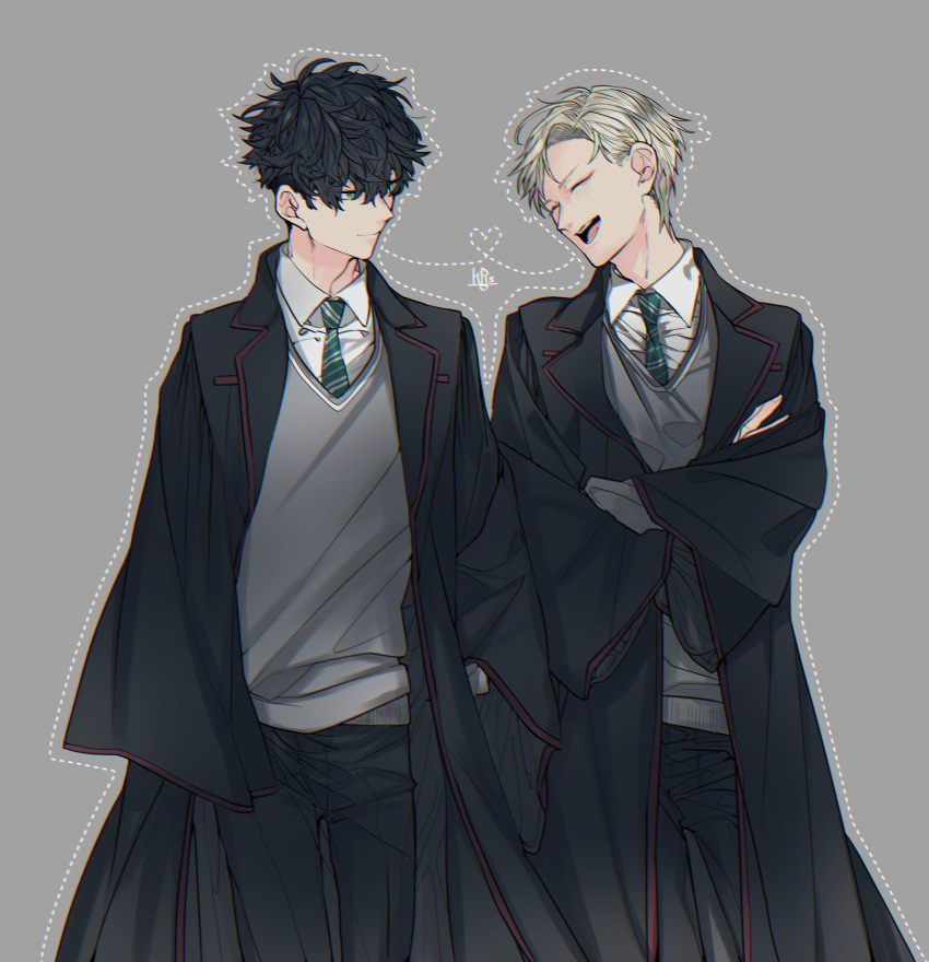 2boys, albus_severus_potter, black_robe, blonde_hair, crossed_arms, harry_potter, harry_potter:_the_cursed_child, highres, hogwarts_school_uniform, karasumaru_(xkrsmr), multiple_boys, necktie, school_uniform, scorpius_malfoy, short_hair, slytherin, smile, striped, striped_neckwear