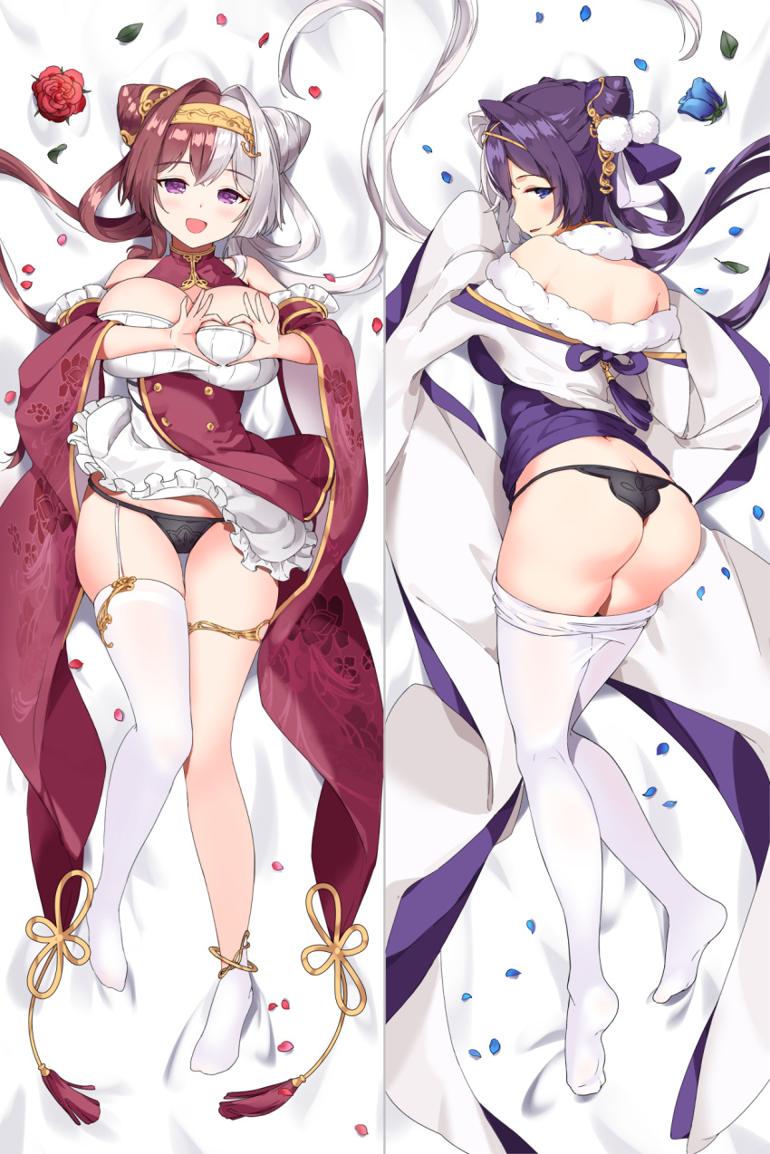 2girls, alternate_breast_size, apron, ass, asymmetrical_legwear, azur_lane, bare_shoulders, black_panties