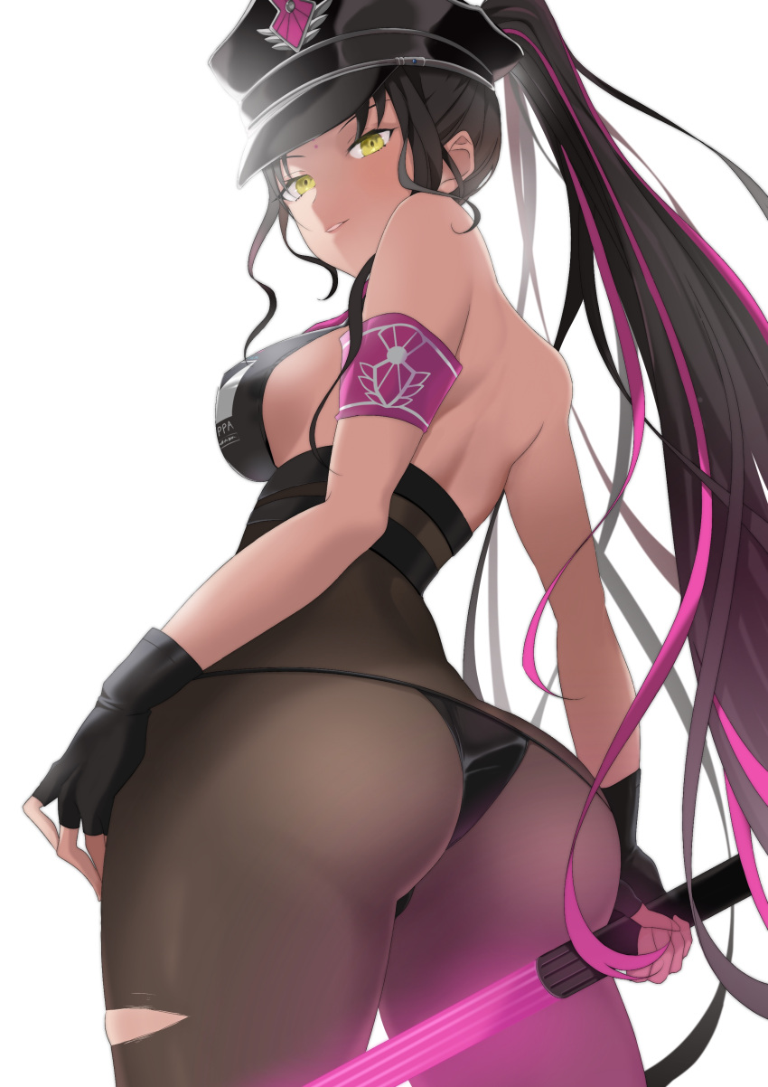 1girl, absurdres, ass, back, bangs, bare_shoulders, bikini, black_bikini
