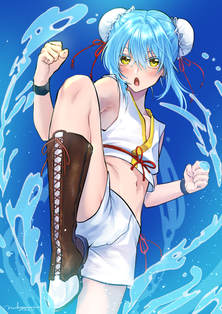 1other, absurdres, alternate_costume, blue_background, blue_hair, boots, brown_footwear, bun_cover