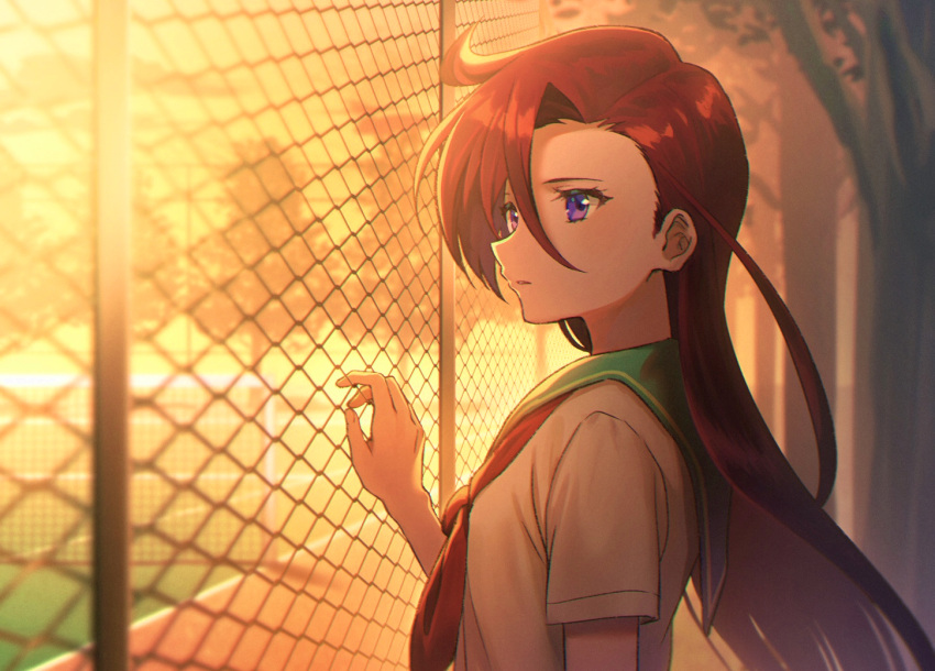 1girl, aozora_middle_school_uniform, asymmetrical_bangs, bangs, collared_shirt, dusk, floating_hair, green_sailor_collar