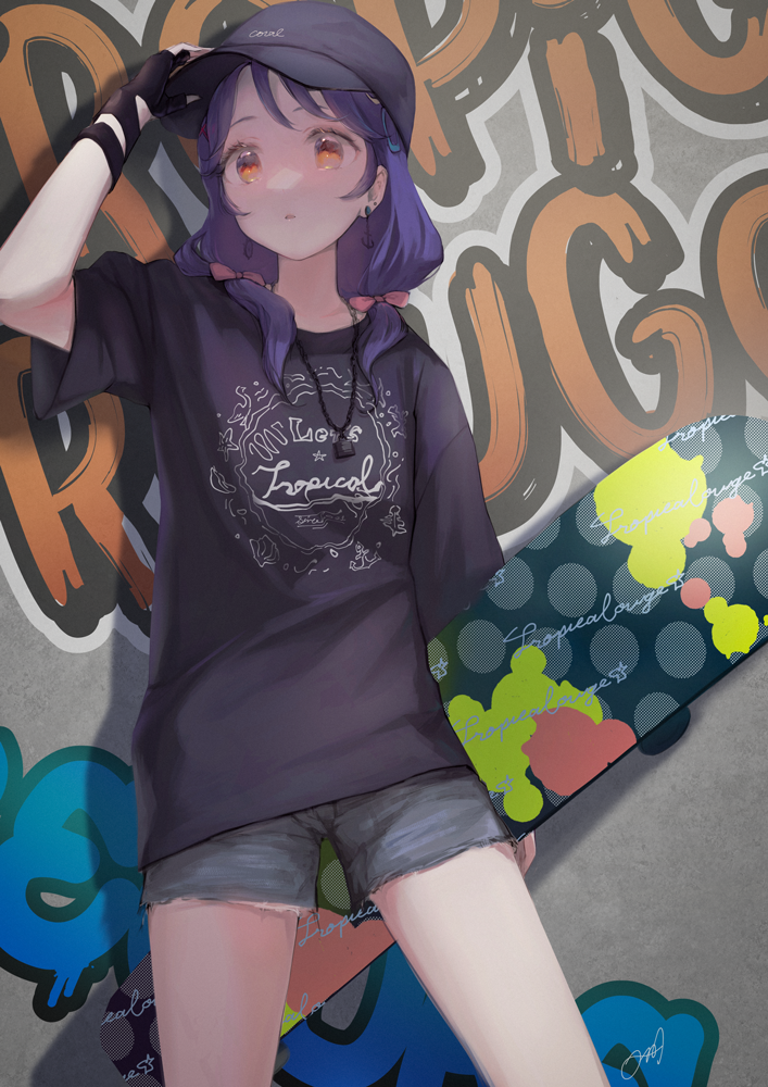 1girl, against_wall, arm_behind_back, baicha_oqqa, bangs, baseball_cap, black_gloves, black_headwear