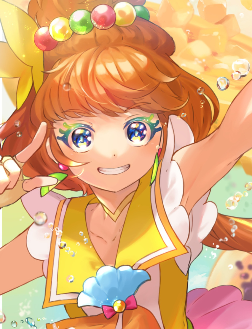1girl, armpits, blue_eyes, brown_hair, choker, collarbone, cure_papaya, earrings, fingerless_gloves, gloves, grin, hair_ornament, highres, index_finger_raised, jewelry, long_hair, looking_at_viewer, makeup, mascara, n-bata, precure, sailor_collar, shiny, shiny_hair, sleeveless, smile, solo, tropical-rouge!_precure, upper_body, yellow_choker, yellow_gloves, yellow_sailor_collar