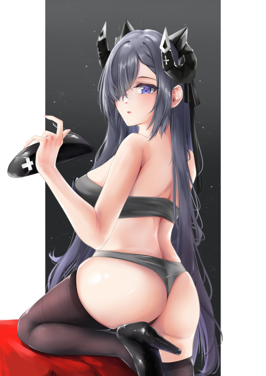 1girl, ass, august_von_parseval_(azur_lane), azur_lane, black_bra, black_footwear, black_legwear, black_panties