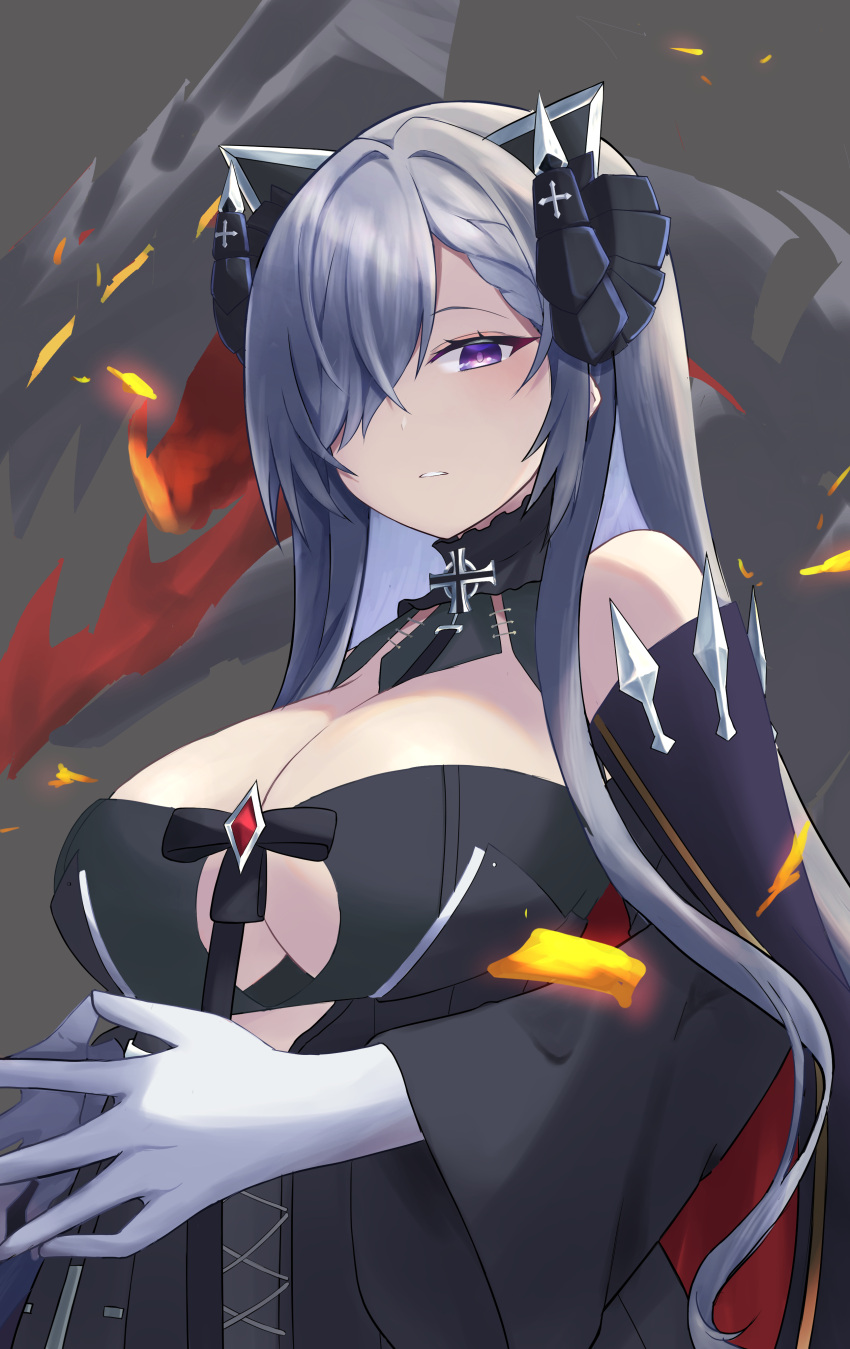 1girl, absurdres, august_von_parseval_(azur_lane), azur_lane, bare_shoulders, black_cape, black_dress, breasts