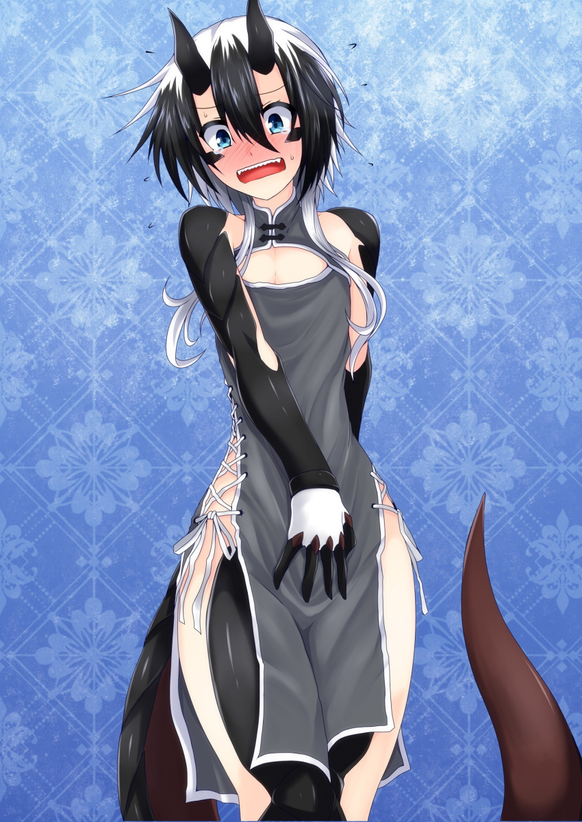 1boy, bangs, black_dress, black_hair, blue_background, blue_eyes, blush, claws, cowboy_shot, dragon_boy, dragon_horns, dragon_tail, dress, g_(genesis1556), gradient, gradient_background, hair_between_eyes, highres, horns, looking_at_viewer, multicolored_hair, no_panties, open_mouth, original, otoko_no_ko, rio_(g_(genesis1556)), short_hair_with_long_locks, sideless_outfit, solo, standing, tail, two-tone_hair, white_hair