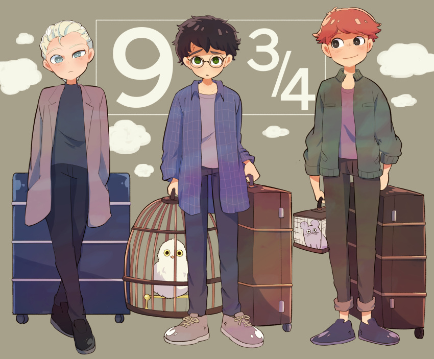 3boys, amazou, bird, black_hair, blonde_hair, blue_eyes, cage, draco_malfoy