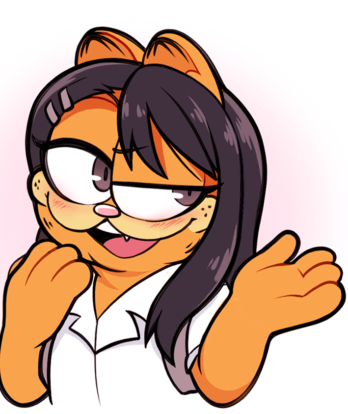 :d, black_hair, blush, brown_eyes, english_commentary, fusion, garfield, garfield_(character)