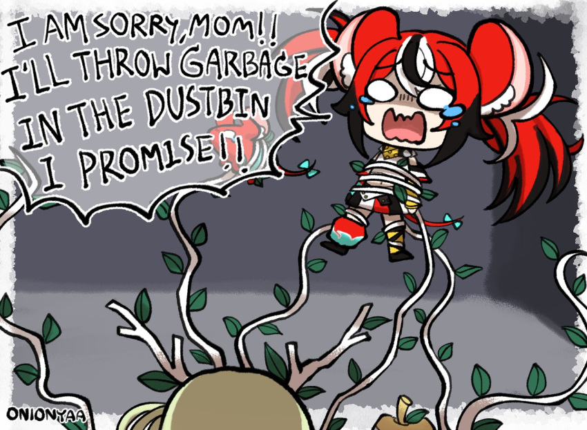 animal_ears, apple, black_hair, bound, branch, ceres_fauna, collar, english_text