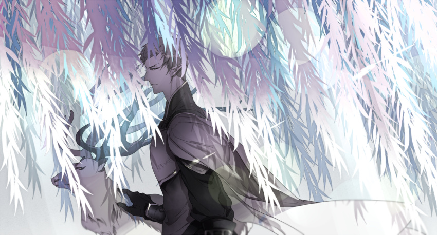 1boy, animal, black_gloves, brown_hair, cape, deer, elion_the_king_of_spirits, flower