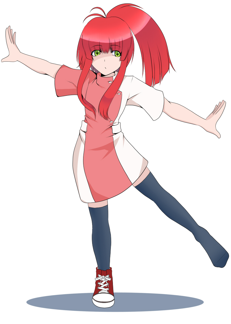 balancing, bangs, blunt_bangs, green_eyes, hime_cut, kupala_(artist), outstretched_arms, ponytail