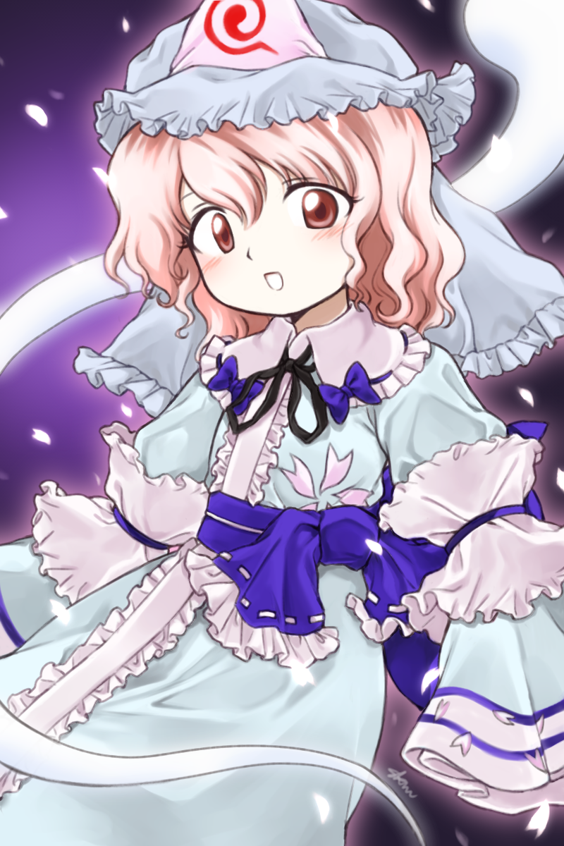 1girl, bangs, belt, black_background, black_bow, black_neckwear, blue_bow, blue_dress, blue_headwear, blue_kimono, blue_sash, blue_sleeves, blush, bow, bowtie, cherry_blossoms, collar, collared_dress, commentary, dress, eyebrows_visible_through_hair, floral_print, flower, frilled_dress, frilled_hat, frilled_sash, frilled_shirt_collar, frills, ghost, gradient, gradient_background, hair_between_eyes, hat, hayakumo_(okura_oishiiii), highres, hitodama, japanese_clothes, kimono, long_sleeves, looking_at_viewer, mob_cap, open_mouth, petals, pink_eyes, pink_flower, pink_hair, purple_background, purple_belt, purple_bow, ribbon, ribbon-trimmed_collar, ribbon-trimmed_sash, ribbon_trim, saigyouji_yuyuko, sash, short_hair, signature, smile, solo, touhou, triangular_headpiece, zun_(style)