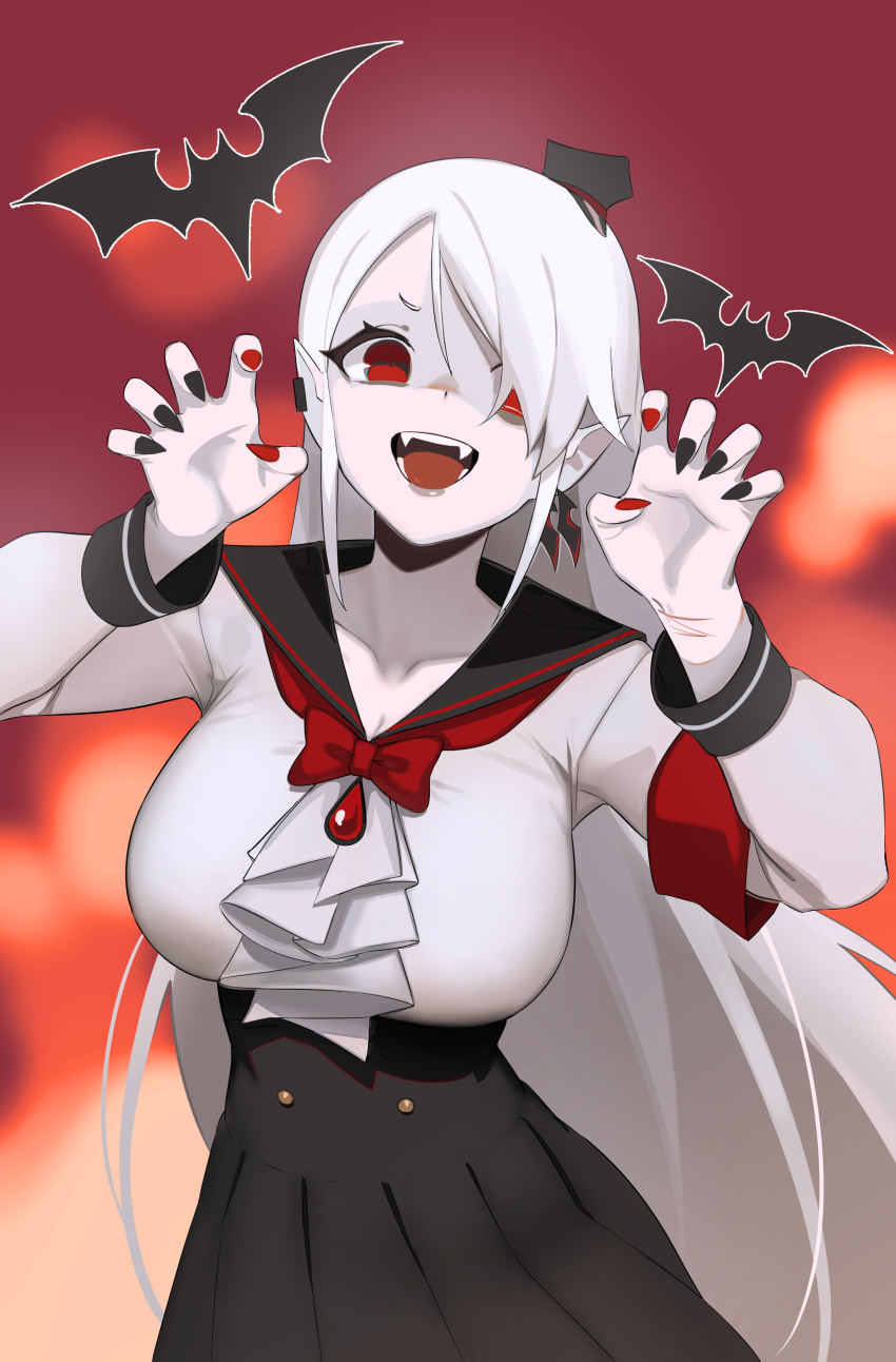 1girl, absurdres, animal, armband, bat, black_headwear, black_nails, bow, breasts, claw_pose, collarbone, earrings, eyelashes, fangs, fingernails, hair_over_one_eye, halloween, hat, highres, jewelry, large_breasts, long_fingernails, long_hair, milim_nova, open_mouth, original, outline, pointy_ears, red_armband, red_bow, red_eyes, red_nails, scar, sharp_fingernails, silhouette, solo, teeth, tongue, vampire, white_hair, white_outline