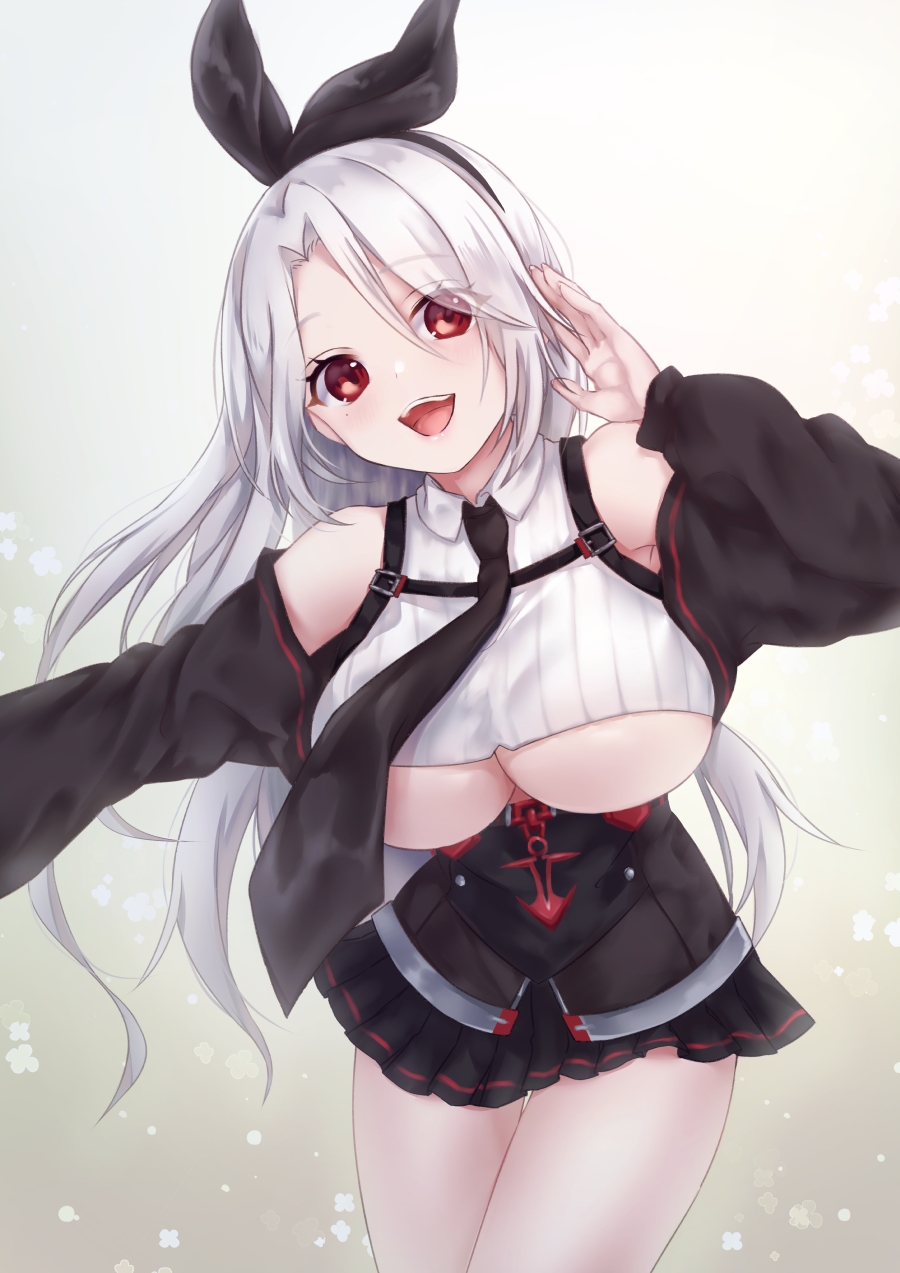 1girl, azur_lane, black_neckwear, black_skirt, black_sleeves, breasts, crop_top, detached_sleeves