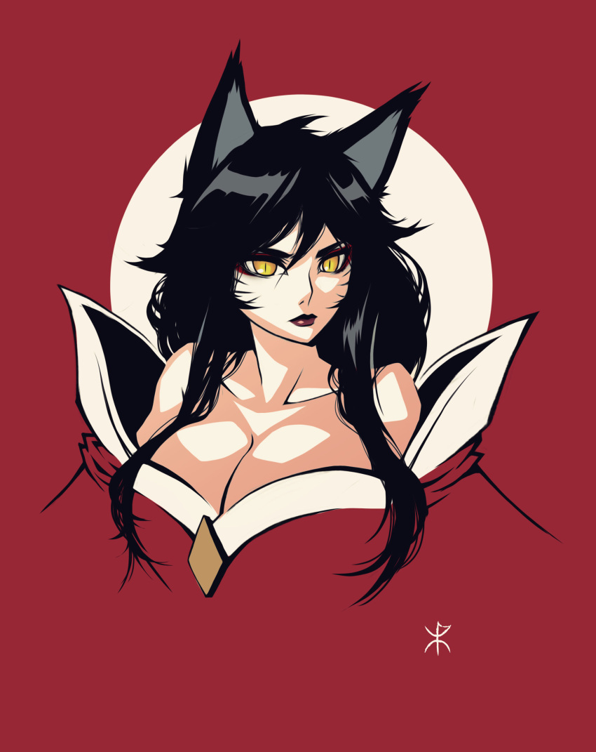 absurdres, ahri, animal_ears, apoloniodraws, black_hair, breasts, fox_ears, highres, league_of_legends, looking_at_viewer, moon, red_background, red_lips, slit_pupils, upper_body, yellow_eyes
