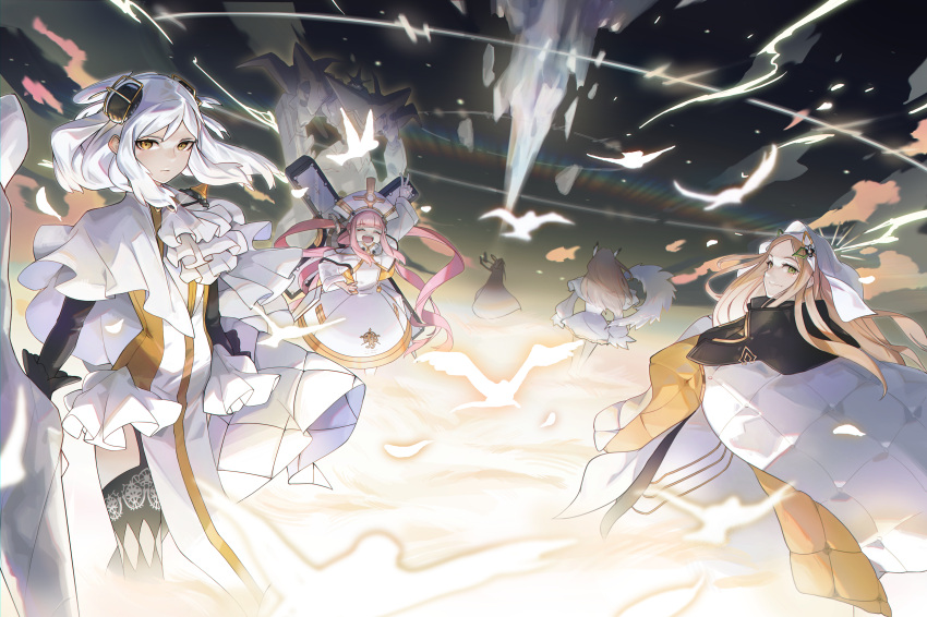 5girls, absurdres, alchemy_stars, angel_(alchemy_stars), arm_up, bangs, black_gloves, black_legwear